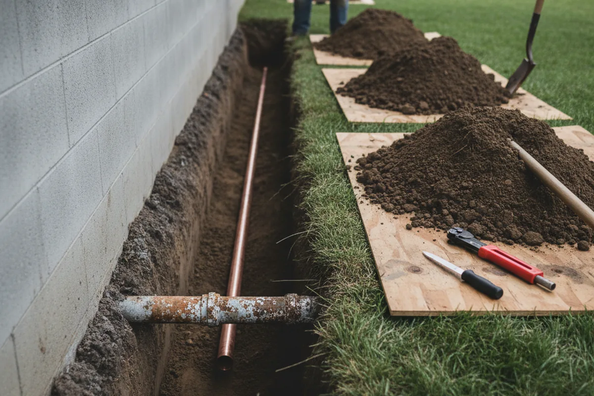 Excavated water line trench during Sewer Line Repair in Anson